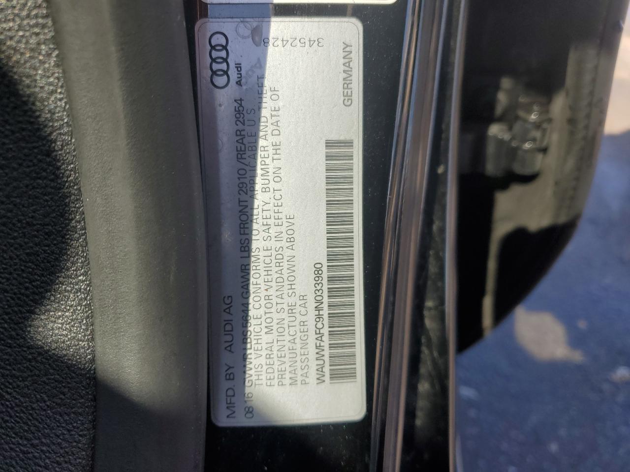 2017 Audi S7 VIN WAUWFAFC9HN033980 Copart auction photo, rear end / side damage thumbnail 12