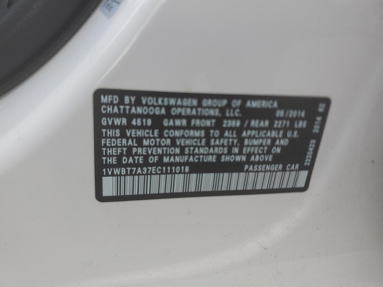 2014 Volkswagen Passat VIN 1VWBT7A37EC111018 Copart auction photo, front end damage thumbnail 12