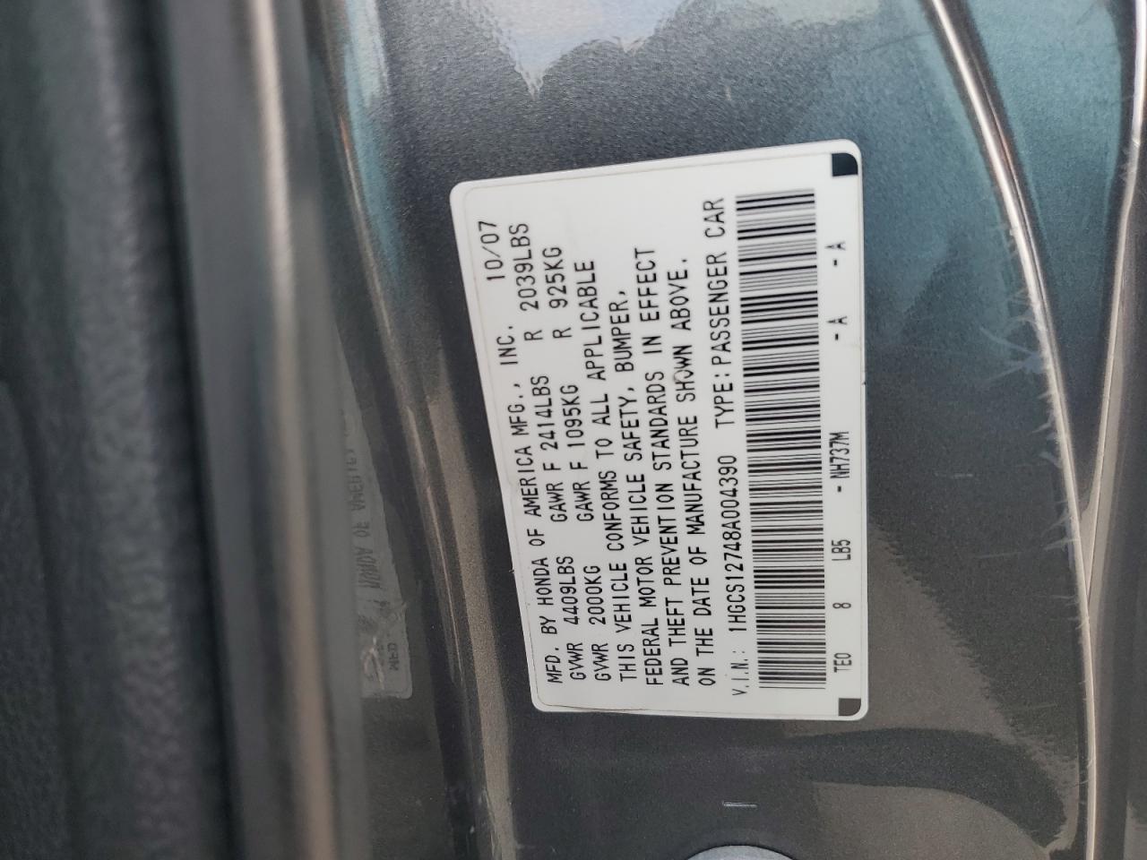 2008 Honda Accord VIN 1HGCS12748A004390 Copart auction photo, front end / rear end damage thumbnail 12
