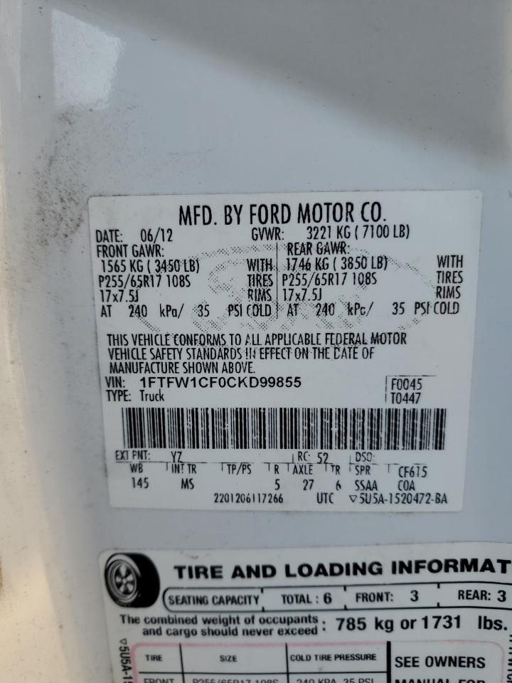 2012 Ford F-150 VIN 1FTFW1CF0CKD99855 Copart auction photo, all over damage thumbnail 14