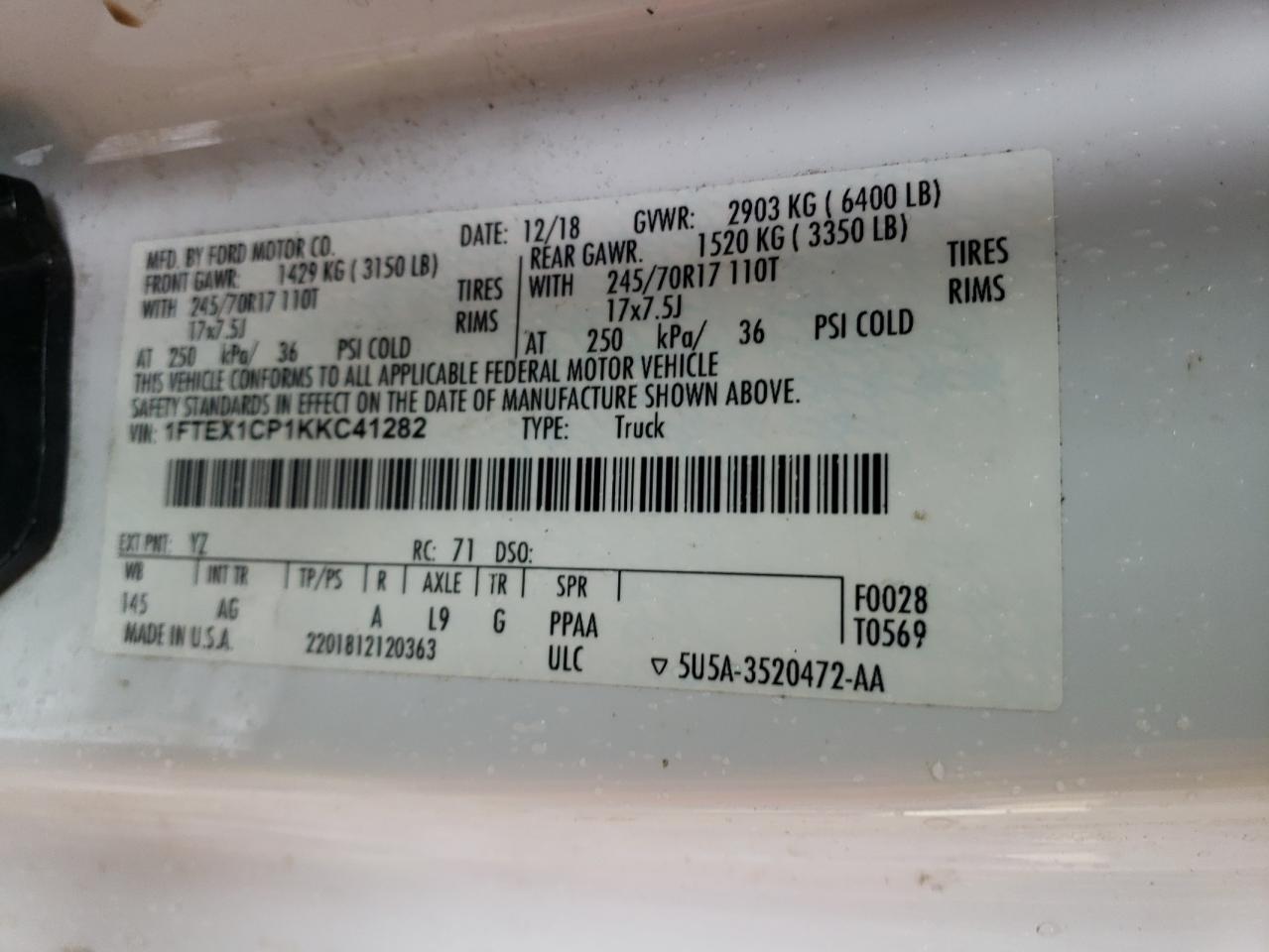 2019 Ford F-150 VIN 1FTEX1CP1KKC41282 Copart auction photo, front end / minor dent/scratches damage thumbnail 12
