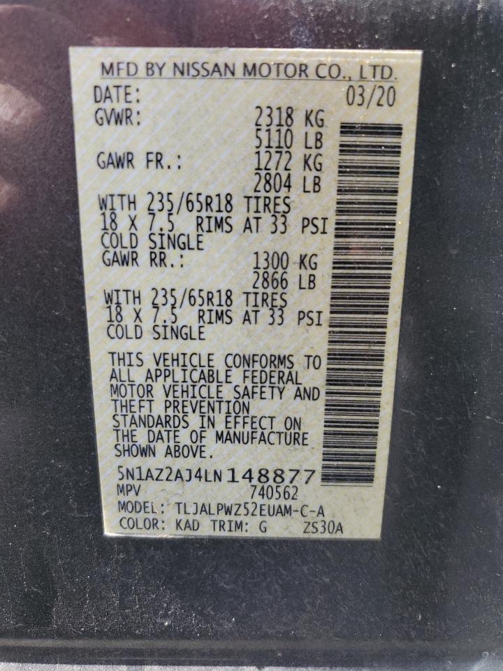 2020 Nissan Murano VIN 5N1AZ2AJ4LN148877 Copart auction photo, hail damage thumbnail 13