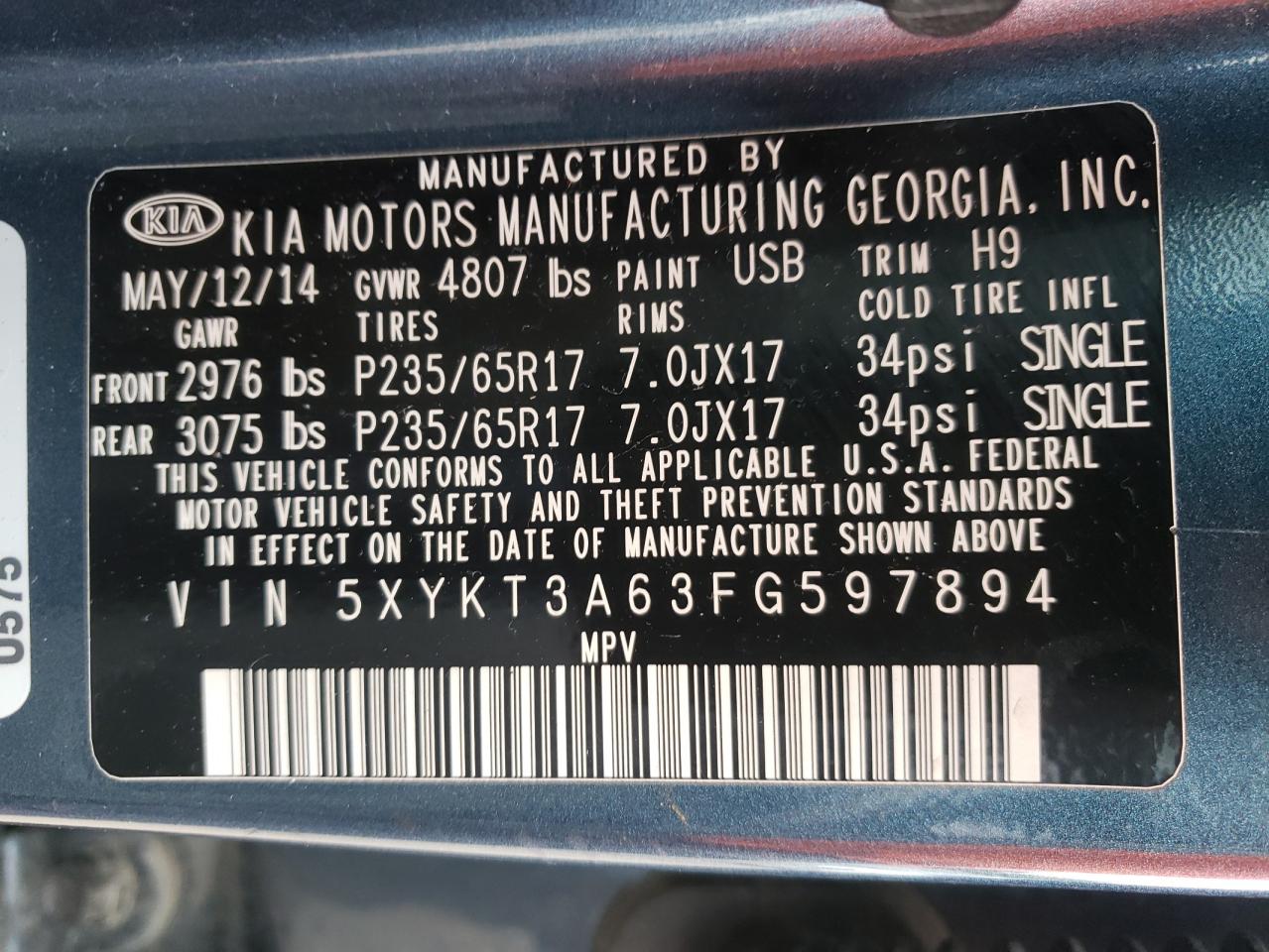2015 KIA Sorento VIN 5XYKT3A63FG597894 Copart auction photo, front end / side damage thumbnail 15