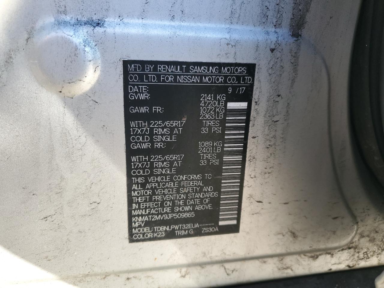 2018 Nissan Rogue VIN KNMAT2MV9JP509865 Copart auction photo, front end / side damage thumbnail 14
