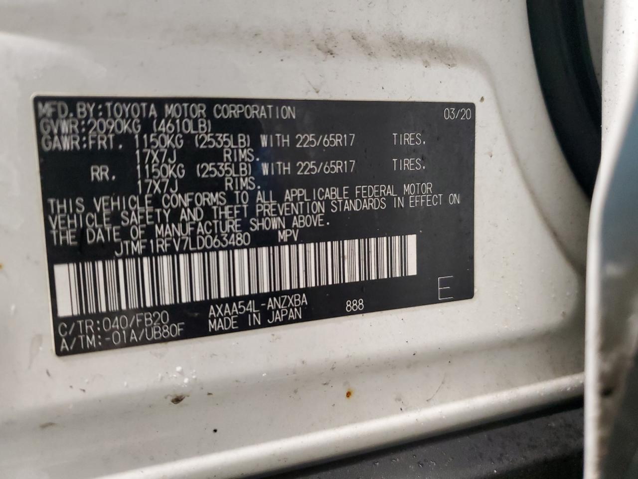2020 Toyota RAV 4 VIN JTMF1RFV7LD063480 Copart auction photo, front end damage thumbnail 13
