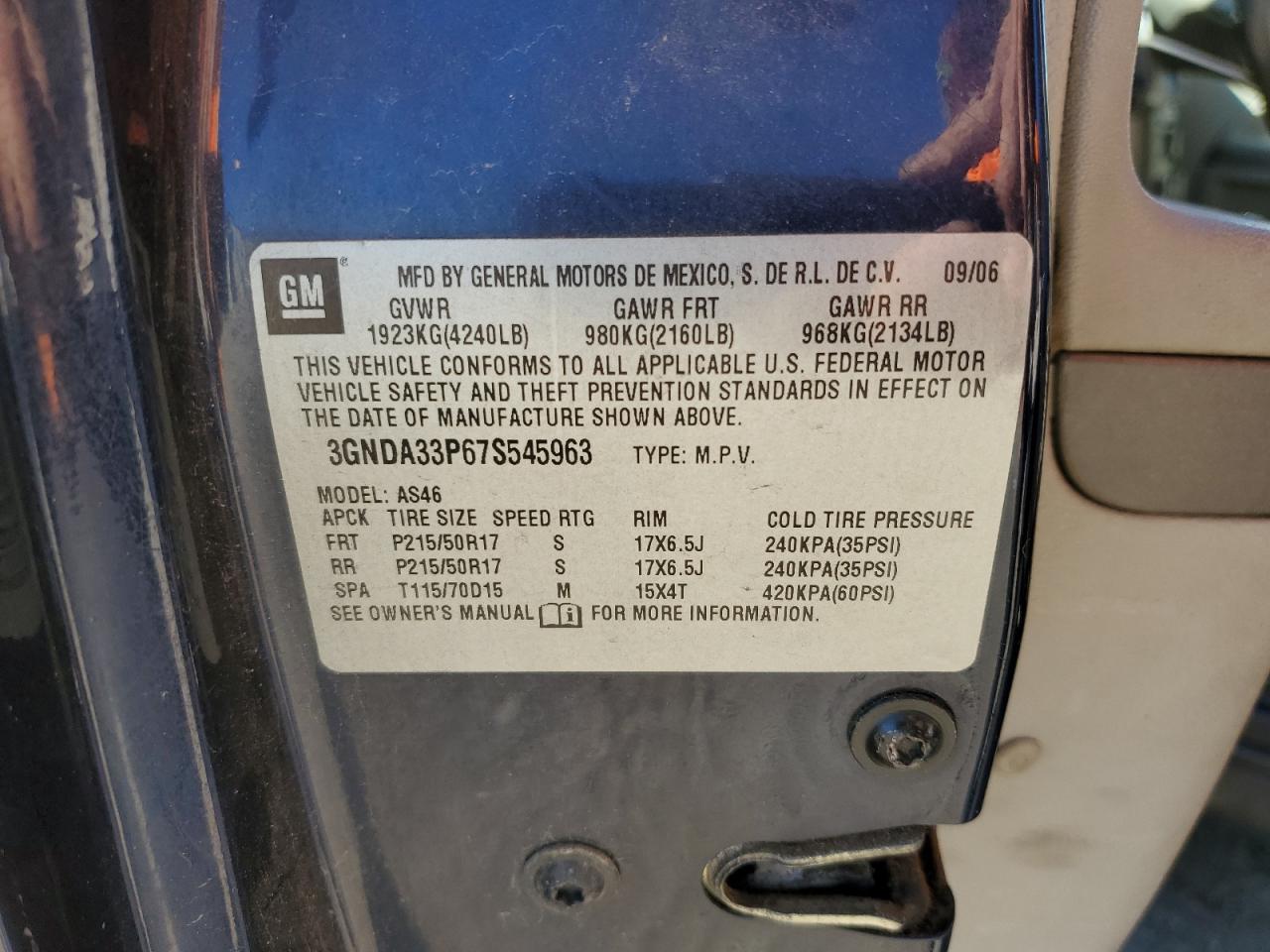 2007 Chevrolet HHR VIN 3GNDA33P67S545963 Copart auction photo, all over / mechanical damage thumbnail 13