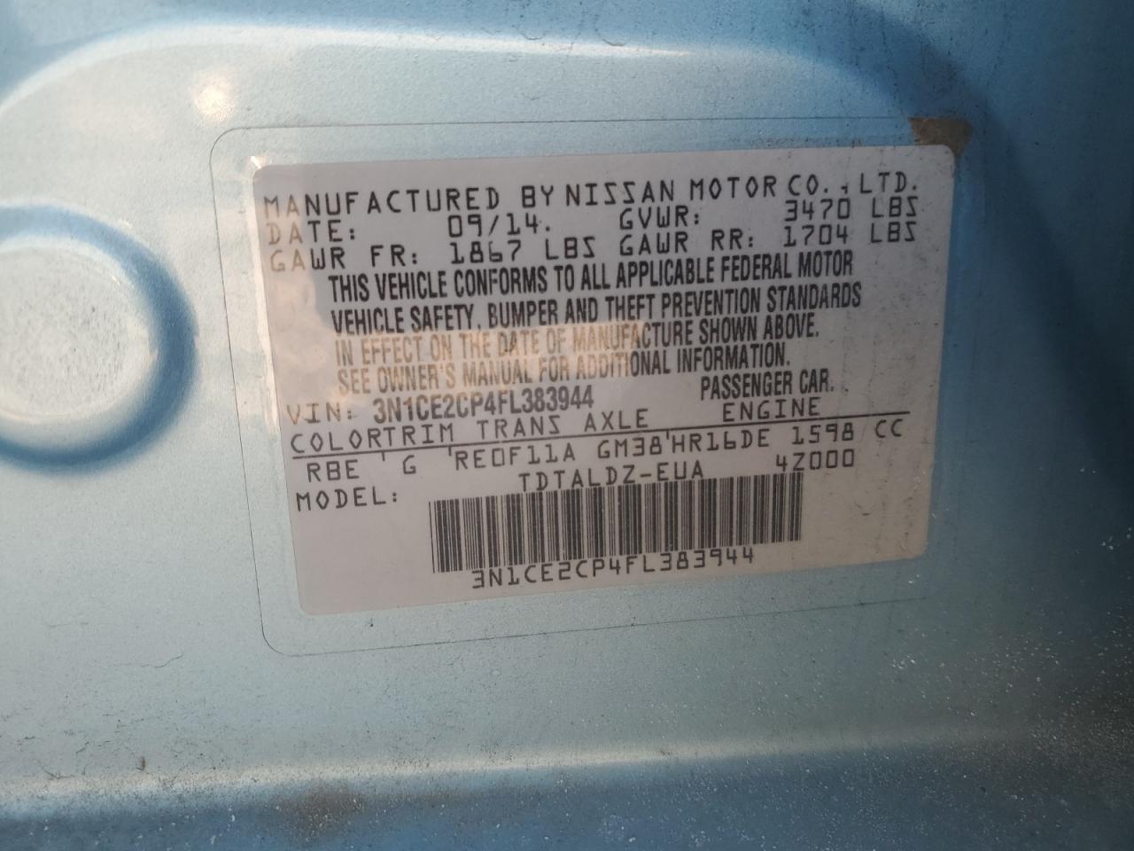 2015 Nissan Versa VIN 3N1CE2CP4FL383944 Copart auction photo, rear end damage thumbnail 13