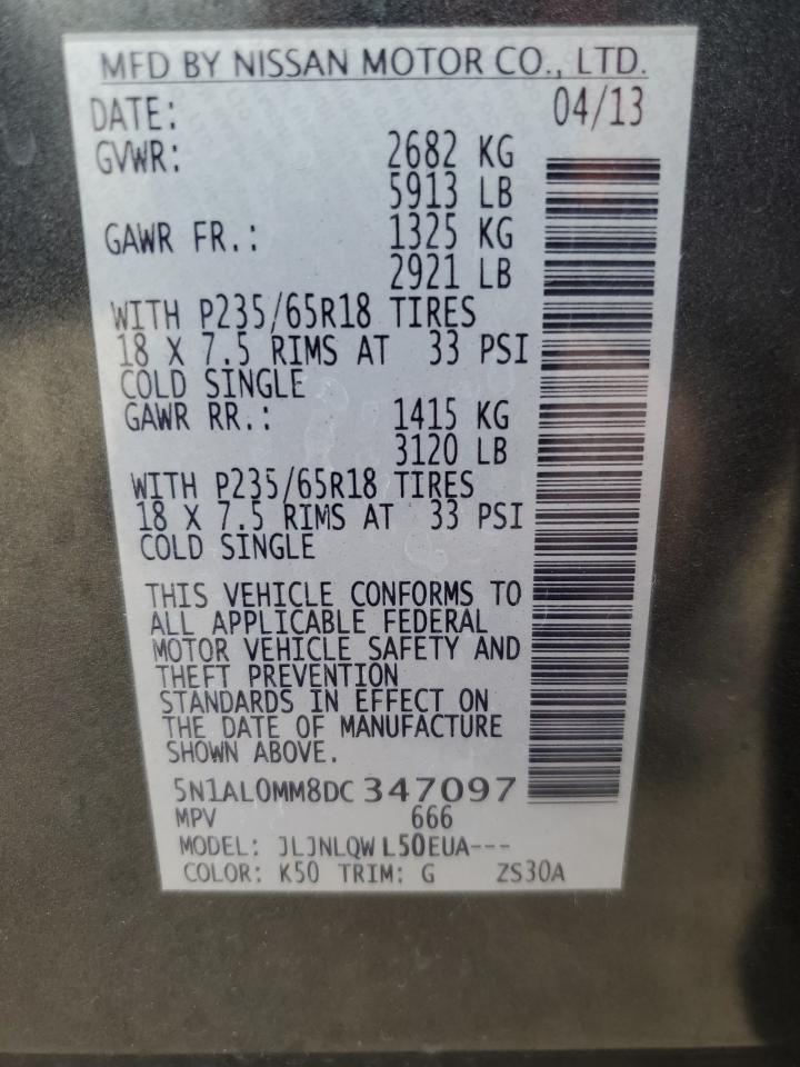 2013 Infiniti JX VIN 5N1AL0MM8DC347097 Copart auction photo, front end / side damage thumbnail 13