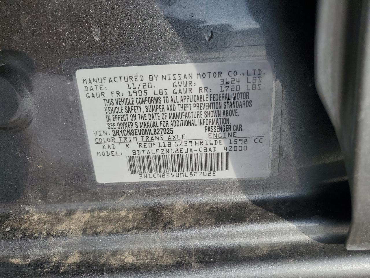 2021 Nissan Versa VIN 3N1CN8EV0ML827025 Copart auction photo, front end damage thumbnail 12