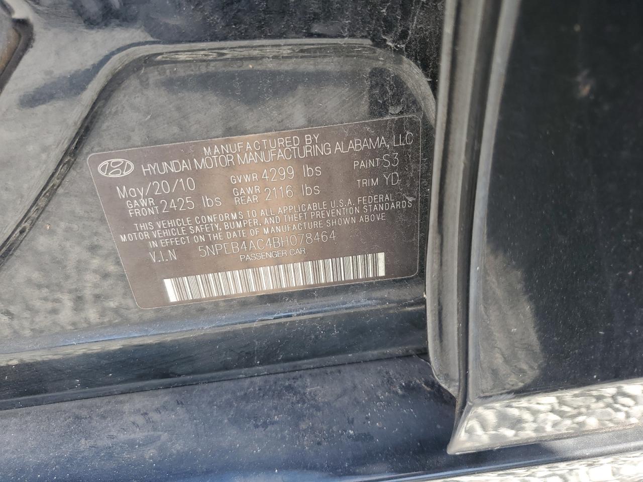 2011 Hyundai Sonata VIN 5NPEB4AC4BH078464 Copart auction photo, rear end / side damage thumbnail 13