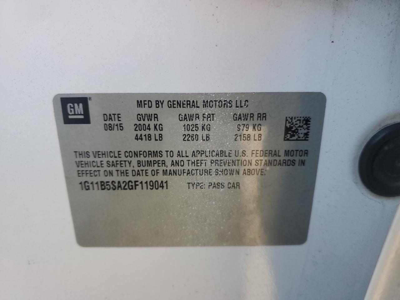 2016 Chevrolet Malibu VIN 1G11B5SA2GF119041 Copart auction photo, front end damage thumbnail 12