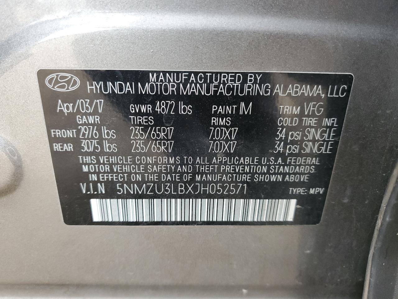 2018 Hyundai Santa Fe VIN 5NMZU3LBXJH052571 Copart auction photo, front end damage thumbnail 15