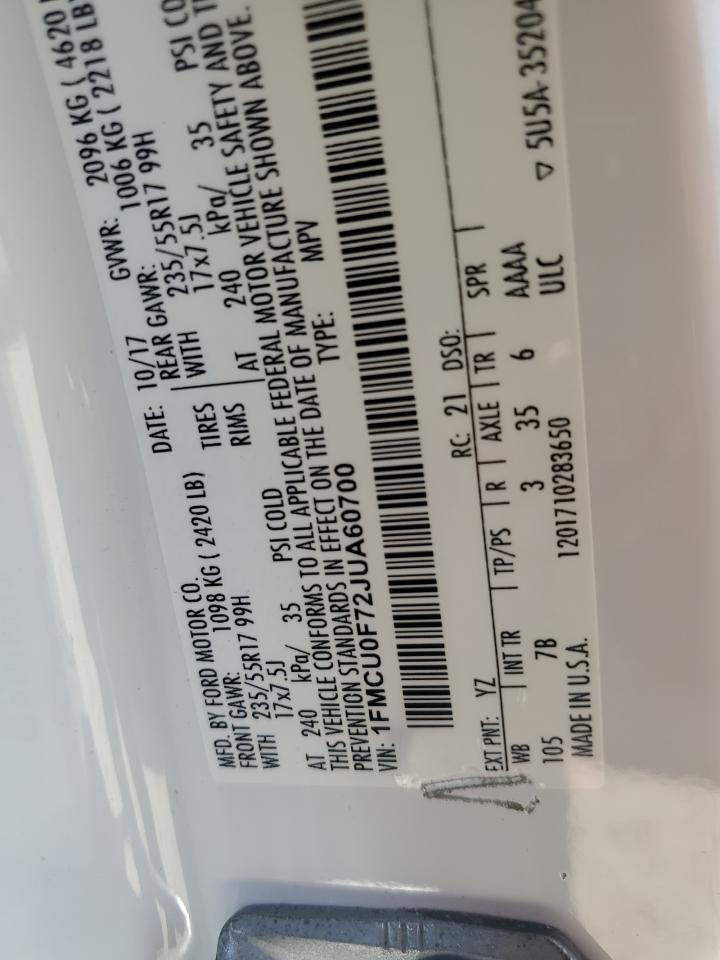 2018 Ford Escape VIN 1FMCU0F72JUA60700 Copart auction photo, front end damage thumbnail 16