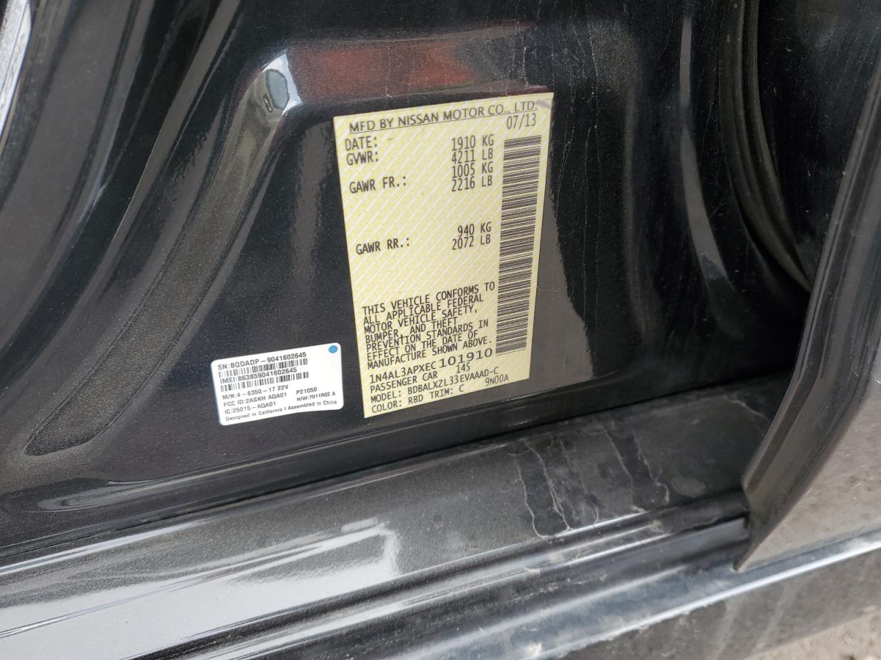 2014 Nissan Altima VIN 1N4AL3APXEC101910 Copart auction photo, front end damage thumbnail 14