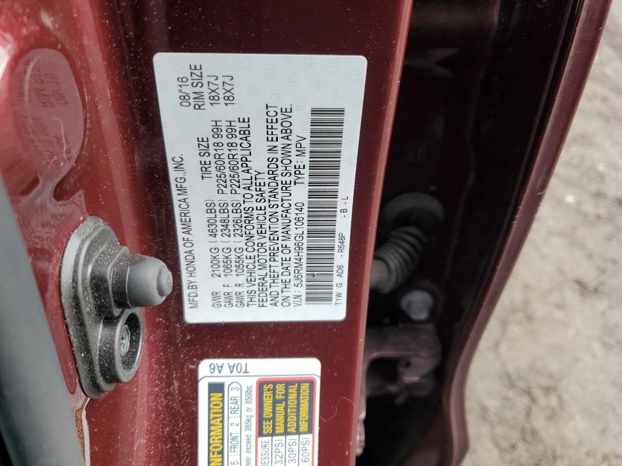 2016 Honda CR-V VIN 5J6RM4H96GL106140 Copart auction photo, front end / minor dent/scratches damage thumbnail 14