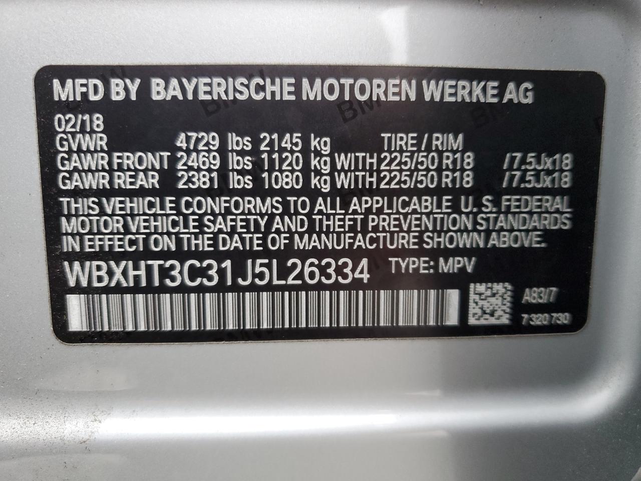 2018 BMW X1 VIN WBXHT3C31J5L26334 Copart auction photo, front end / rear end damage thumbnail 15