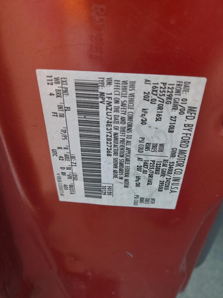 2000 Ford Explorer VIN 1FMZU74E3YZB27368 Copart auction photo, minor dent/scratches damage thumbnail 13