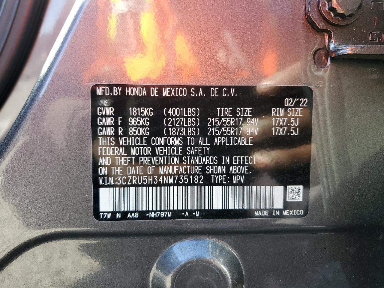 2022 Honda HR-V VIN 3CZRU5H34NM735182 Copart auction photo, front end damage thumbnail 13