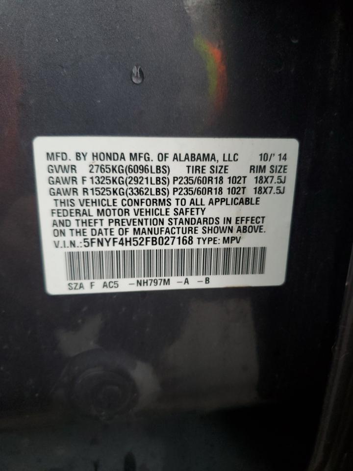 2015 Honda Pilot VIN 5FNYF4H52FB027168 Copart auction photo, all over damage thumbnail 14