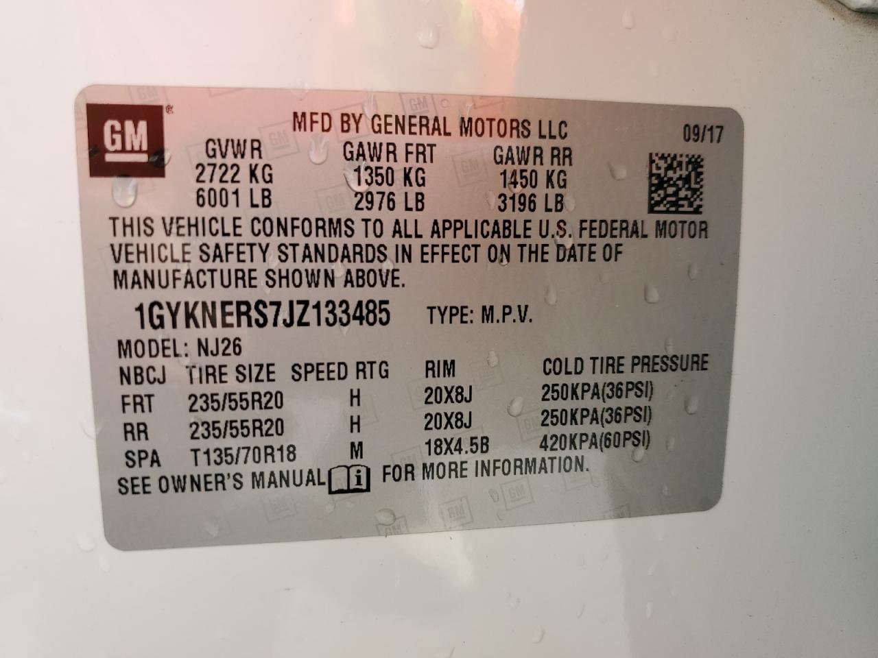 2018 Cadillac XT5 VIN 1GYKNERS7JZ133485 Copart auction photo, front end / minor dent/scratches damage thumbnail 13