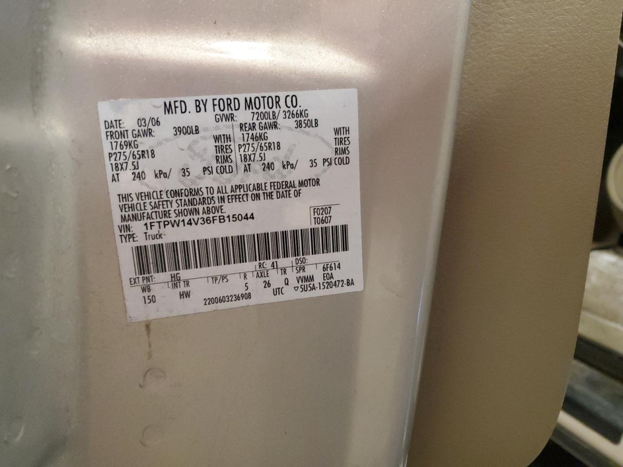 2006 Ford F-150 VIN 1FTPW14V36FB15044 Copart auction photo, rollover damage thumbnail 13