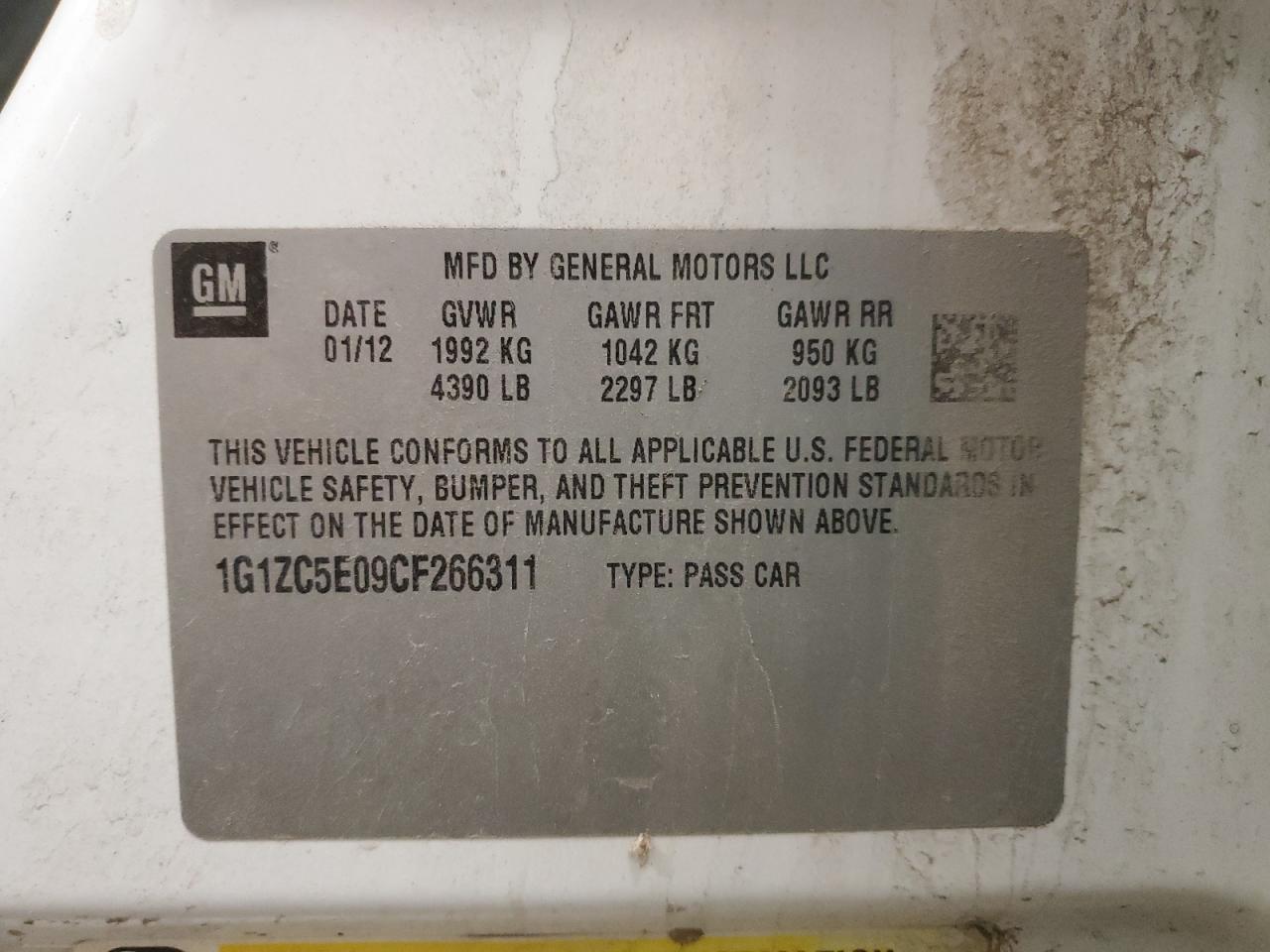 2012 Chevrolet Malibu VIN 1G1ZC5E09CF266311 Copart auction photo, hail / rear end damage thumbnail 14