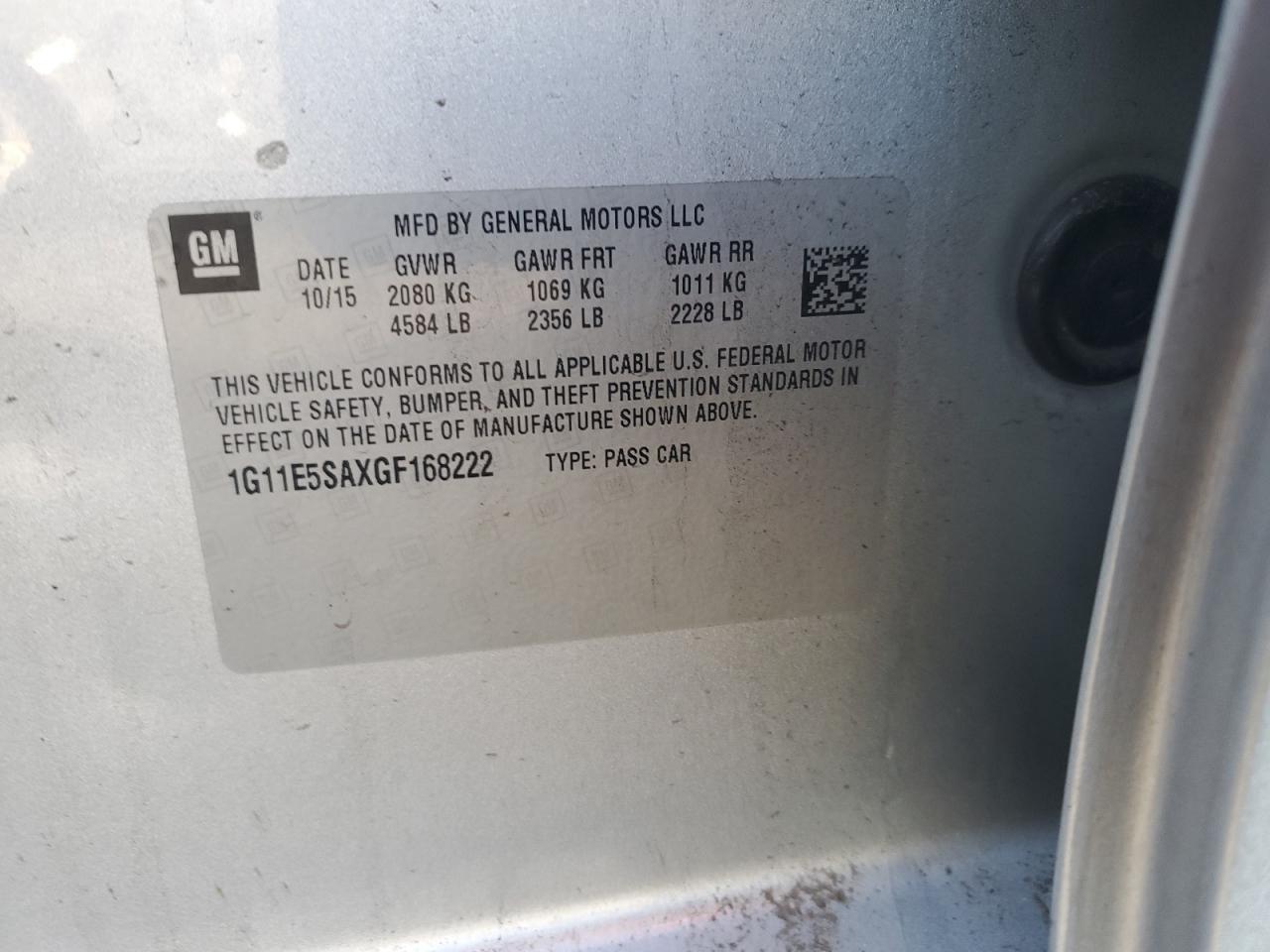 2016 Chevrolet Malibu VIN 1G11E5SAXGF168222 Copart auction photo, rear end damage thumbnail 12