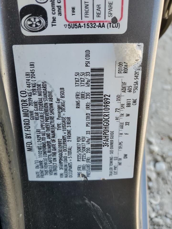 2012 Ford Fusion VIN 3FAHP0HG0CR109892 Copart auction photo, rear end damage thumbnail 12