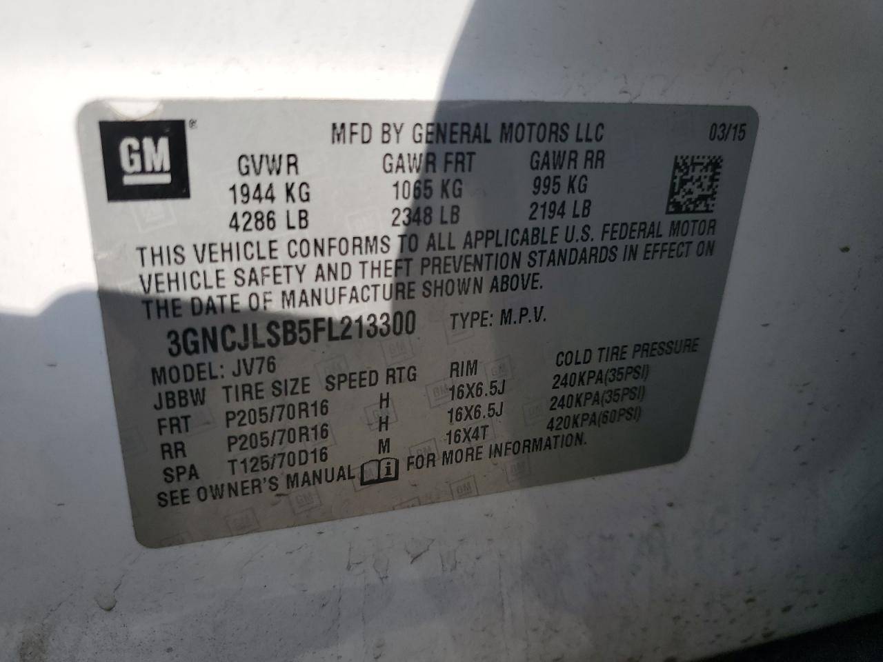 2015 Chevrolet Trax VIN 3GNCJLSB5FL213300 Copart auction photo, all over damage thumbnail 12