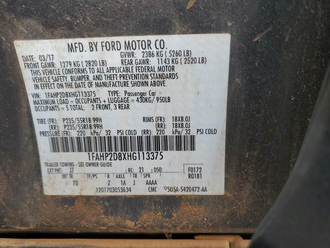 2017 Ford Taurus VIN 1FAHP2D8XHG113375 Copart auction photo, front end damage thumbnail 12