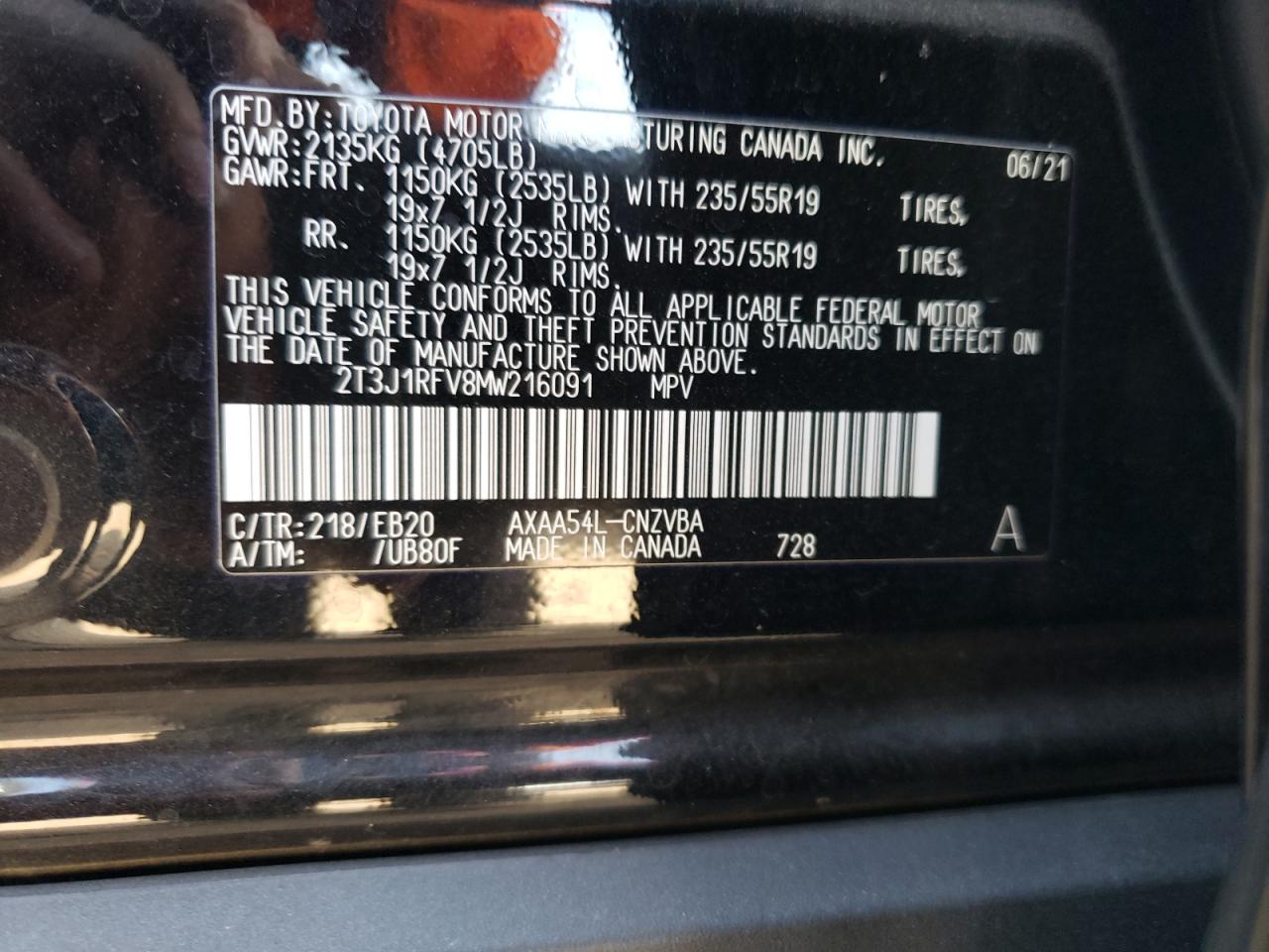 2021 Toyota RAV 4 VIN 2T3J1RFV8MW216091 Copart auction photo, all over damage thumbnail 12