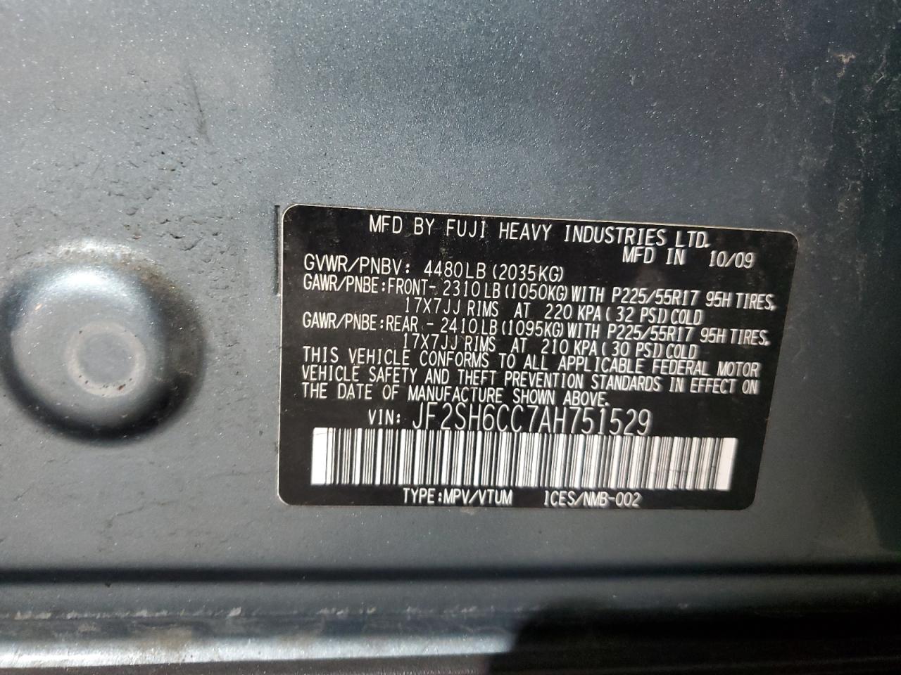 2010 Subaru Forester VIN JF2SH6CC7AH751529 Copart auction photo, front end / minor dent/scratches damage thumbnail 12