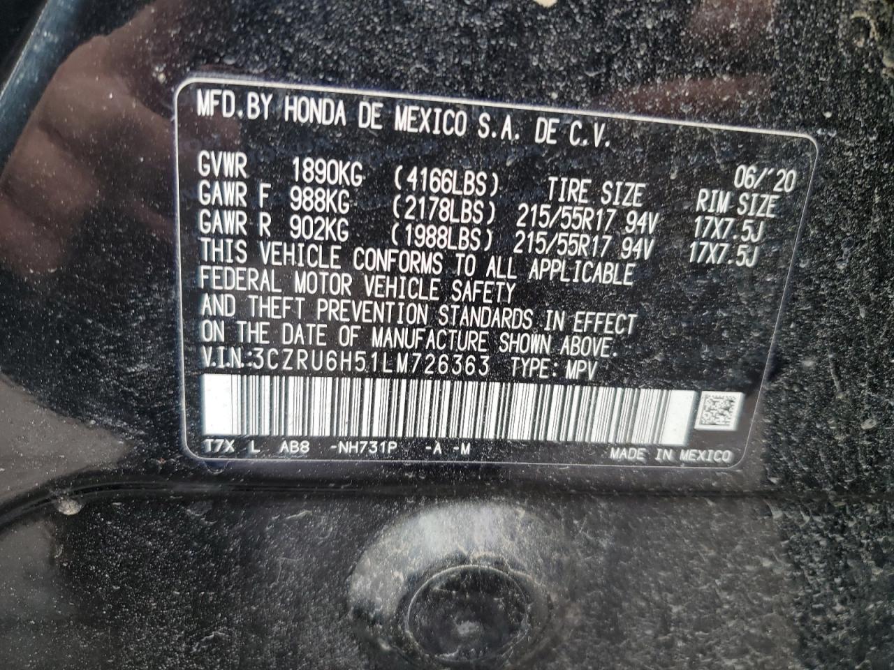 2020 Honda HR-V VIN 3CZRU6H51LM726363 Copart auction photo, front end / side damage thumbnail 14