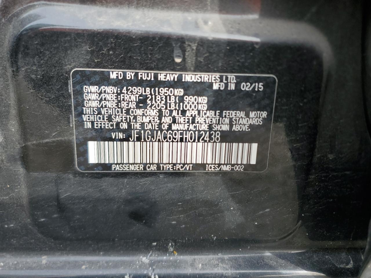 2015 Subaru Impreza VIN JF1GJAC69FH012438 Copart auction photo, front end / side damage thumbnail 13