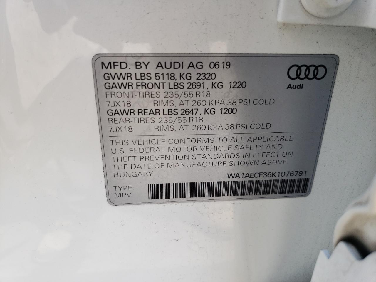 2019 Audi Q3 VIN WA1AECF36K1076791 Copart auction photo, rear end damage thumbnail 15