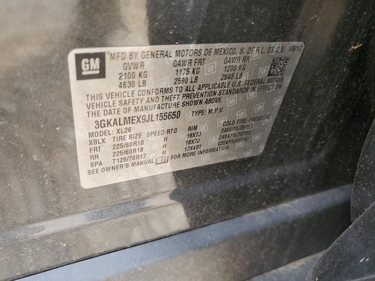 2018 GMC Terrain VIN 3GKALMEX9JL155650 Copart auction photo, all over damage thumbnail 14