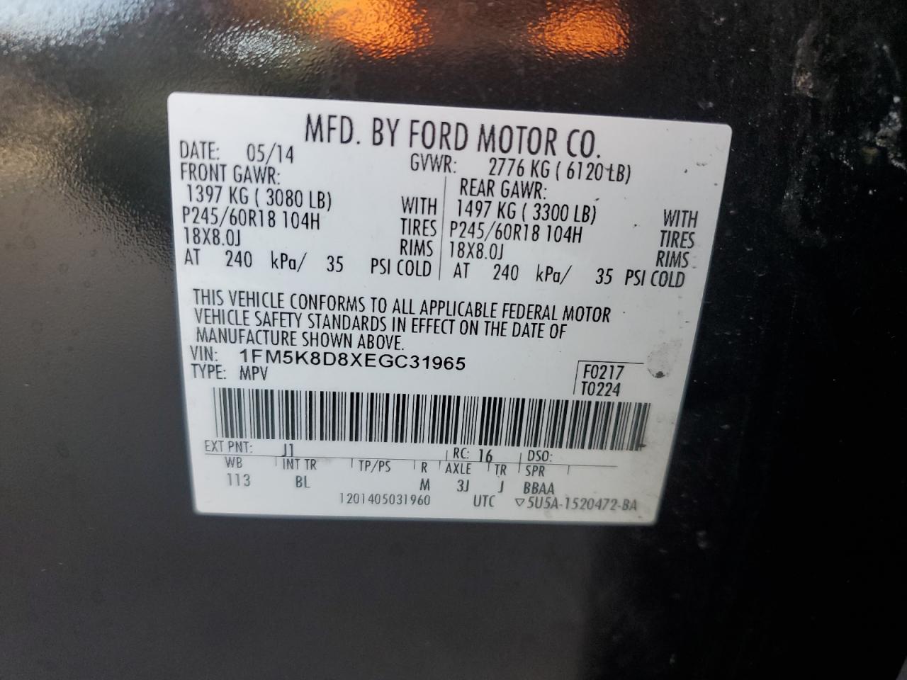 2014 Ford Explorer VIN 1FM5K8D8XEGC31965 Copart auction photo, front end / side damage thumbnail 13