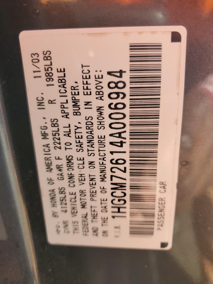 2004 Honda Accord VIN 1HGCM72614A006984 Copart auction photo, front end / minor dent/scratches damage thumbnail 13