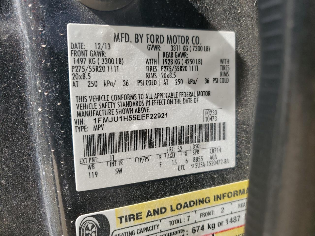 2014 Ford Expedition VIN 1FMJU1H55EEF22921 Copart auction photo, side / hail damage thumbnail 14