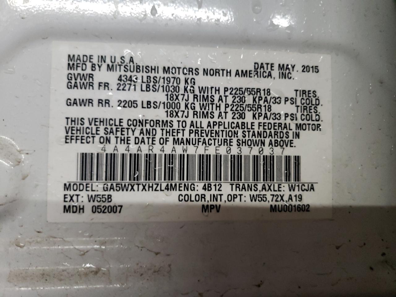 2015 Mitsubishi Outlander VIN 4A4AR4AW7FE037037 Copart auction photo, front end / rear end damage thumbnail 13
