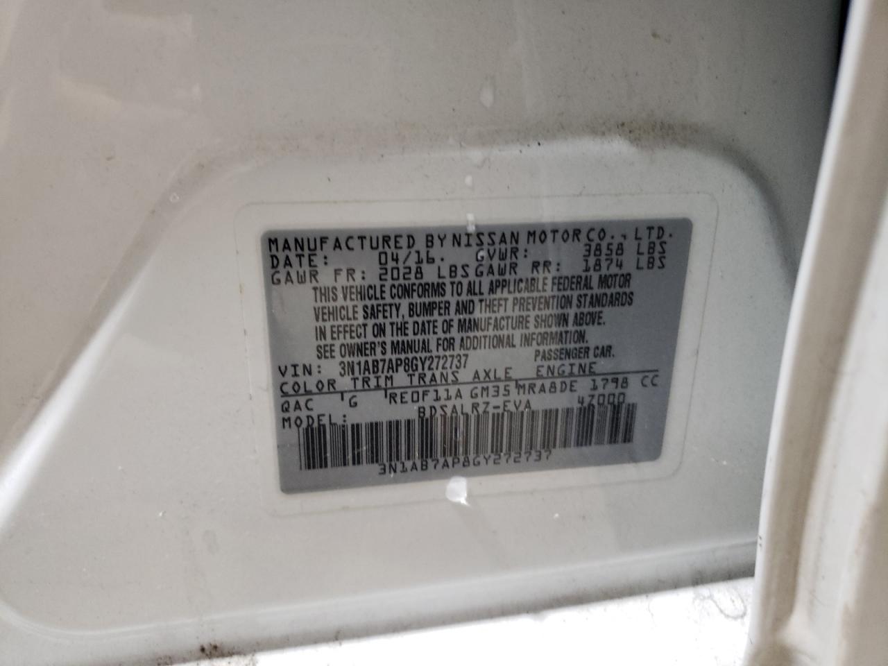 2016 Nissan Sentra VIN 3N1AB7AP8GY272737 Copart auction photo, front end damage thumbnail 12