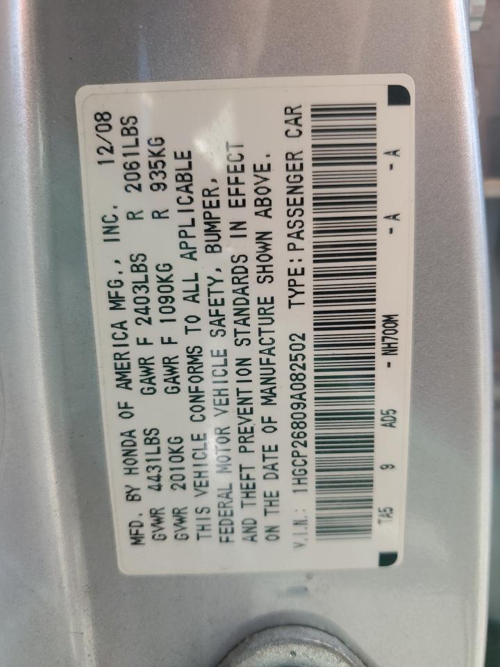2009 Honda Accord VIN 1HGCP26809A082502 Copart auction photo, front end / side damage thumbnail 13