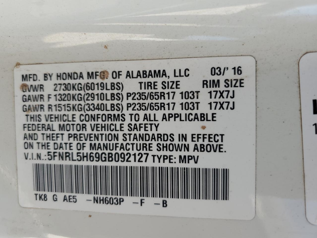 2016 Honda Odyssey VIN 5FNRL5H69GB092127 Copart auction photo, front end damage thumbnail 14
