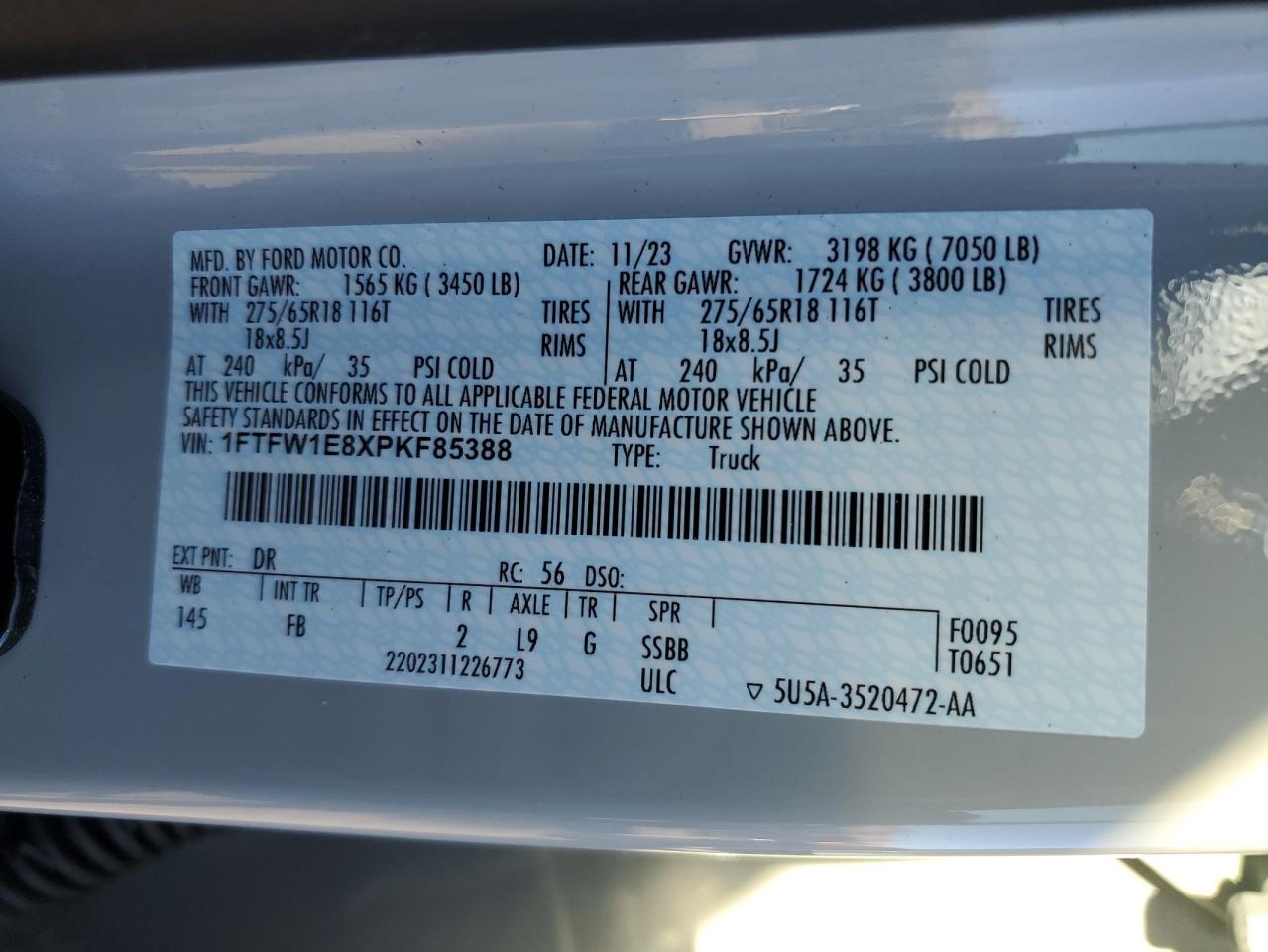 2023 Ford F-150 VIN 1FTFW1E8XPKF85388 Copart auction photo, front end damage thumbnail 13