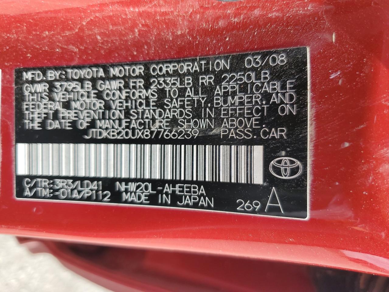 2008 Toyota Prius VIN JTDKB20UX87766239 Copart auction photo, rollover damage thumbnail 12