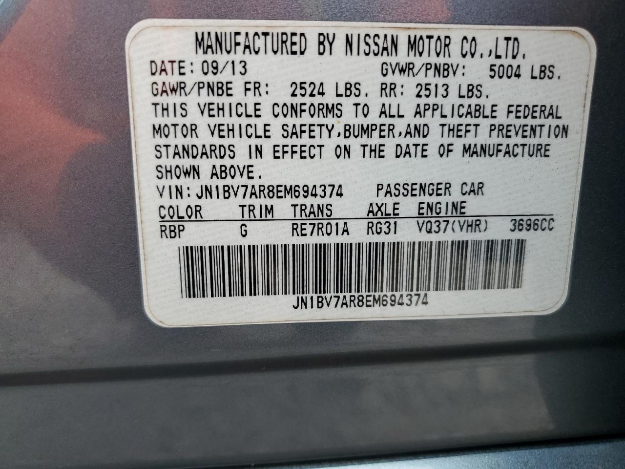2014 Infiniti Q50 VIN JN1BV7AR8EM694374 Copart auction photo, all over damage thumbnail 13