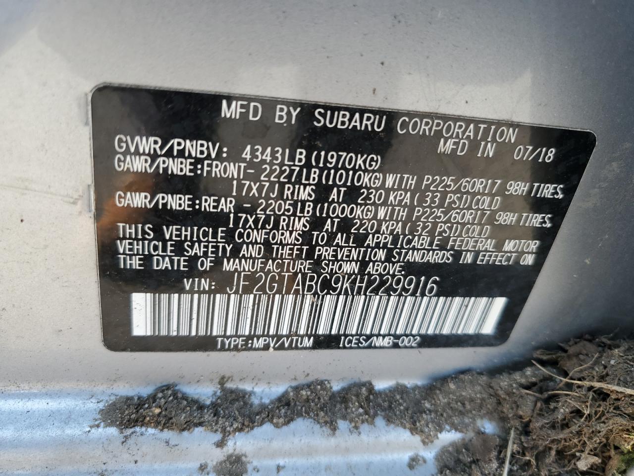 2019 Subaru XV VIN JF2GTABC9KH229916 Copart auction photo, rollover damage thumbnail 12