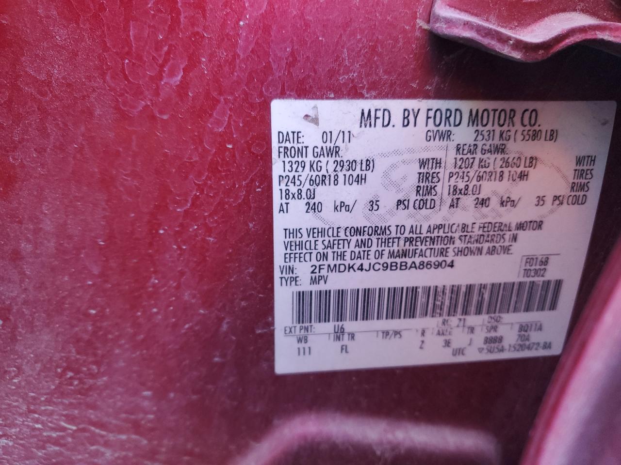 2011 Ford Edge VIN 2FMDK4JC9BBA86904 Copart auction photo, front end / undercarriage damage thumbnail 16