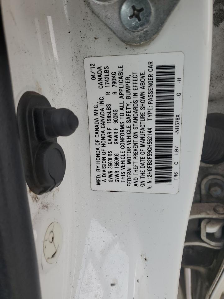 2012 Honda Civic VIN 2HGFB2F59CH562144 Copart auction photo, front end damage thumbnail 13