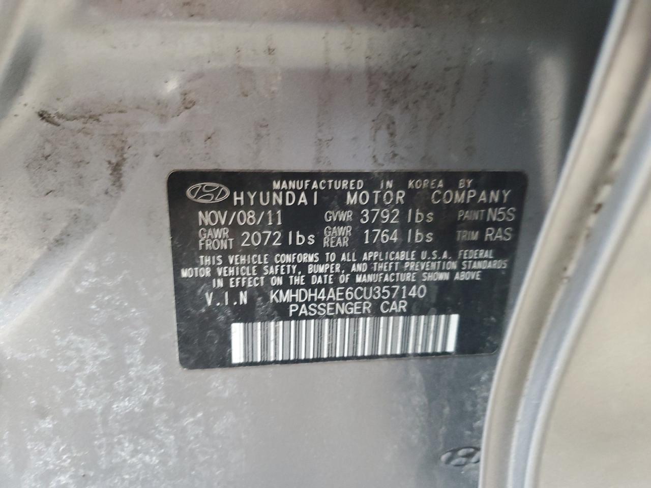 2012 Hyundai Elantra VIN KMHDH4AE6CU357140 Copart auction photo, all over damage thumbnail 13